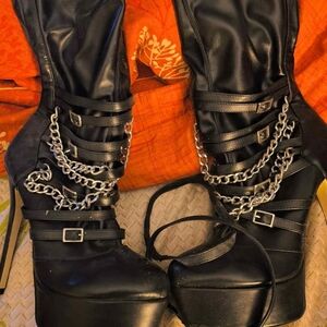 Black Platform Chain-Embellished Boots Thigh High